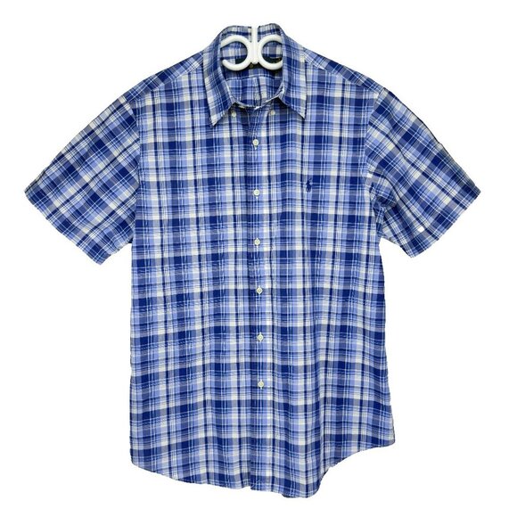 RALPH LAUREN Classic Plaid Short Sleeves Blue & White Button Down Shirt Size L - Picture 1 of 7